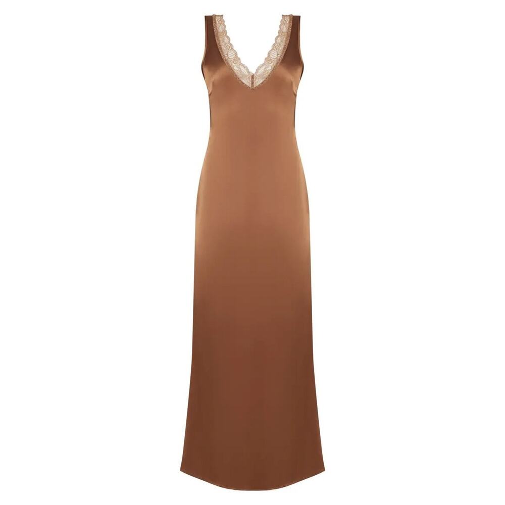 Lioness NWT Simi Umber Brown Satin Lace Trim Maxi Slip Dress Large - Picture 3 of 7